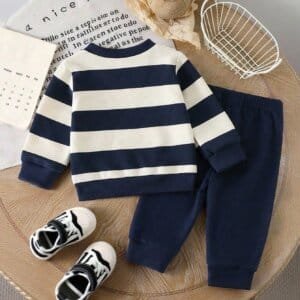 Conjunto Azul Marino Rayas Oso Bebé Niño Dos Piezas
