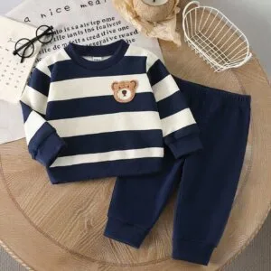 Conjunto Azul Marino Rayas Oso Bebé Niño Dos Piezas