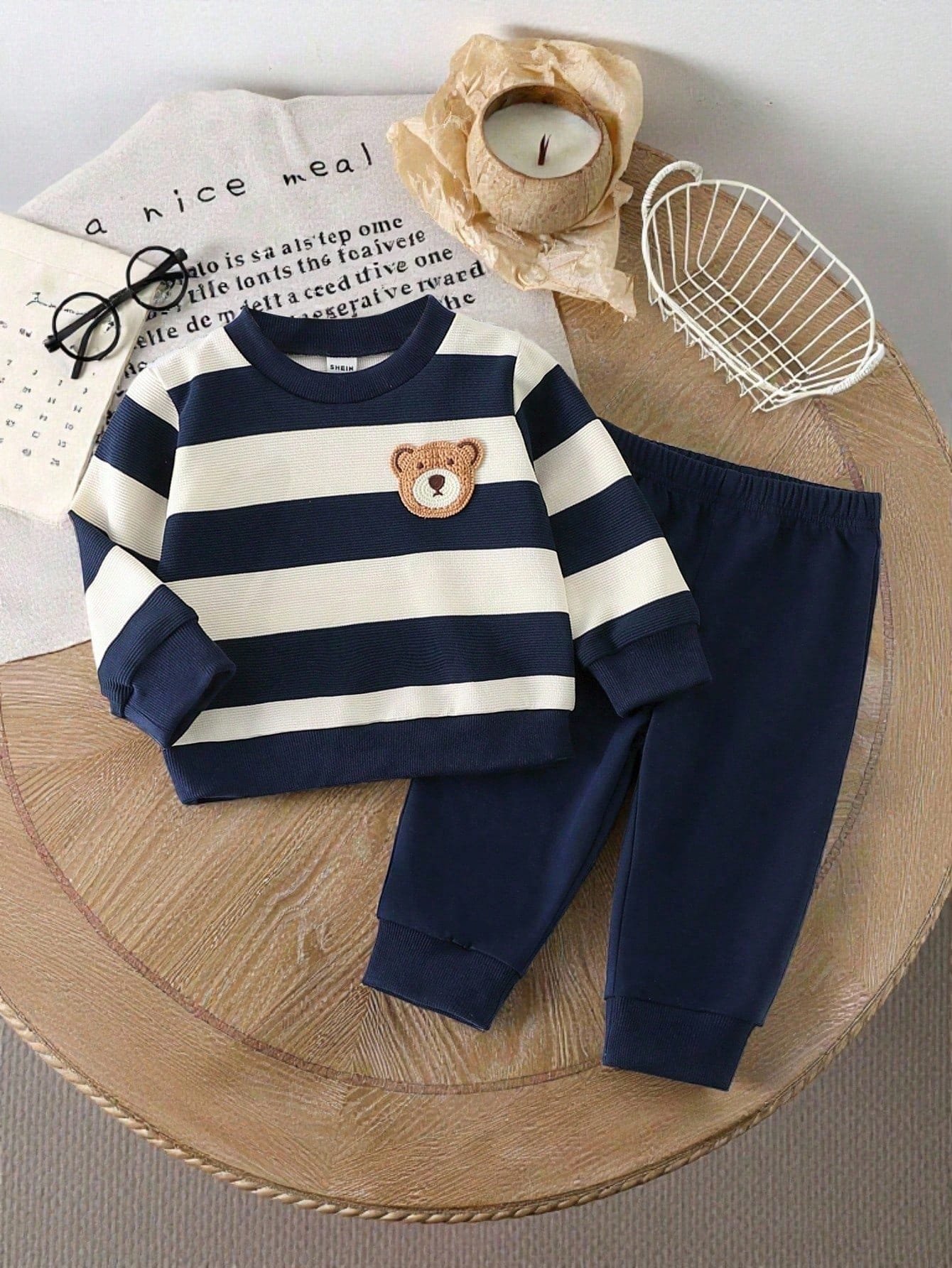 Conjunto Azul Marino Rayas Oso Bebé Niño Dos Piezas