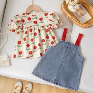 Conjunto floral rojo con blusa y vestido de mezclilla