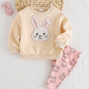 Conjunto bebé crema rosa estampado conejo cómodo