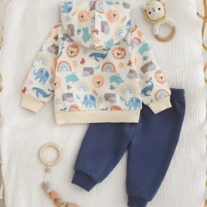Conjunto bebé azul estampado animales con capucha