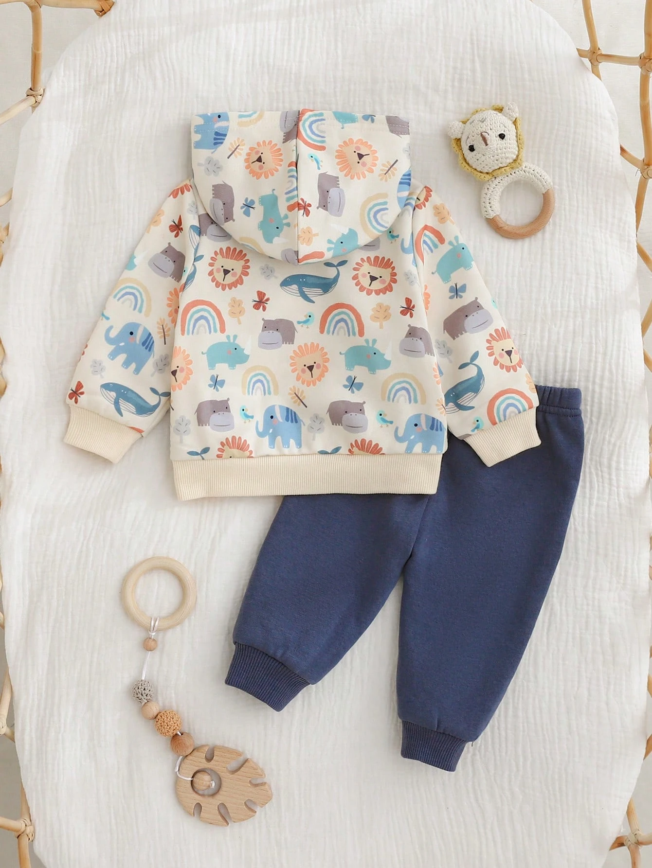 Conjunto bebé azul estampado animales con capucha