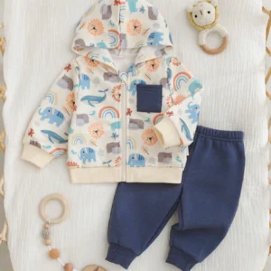 Conjunto bebé azul estampado animales con capucha