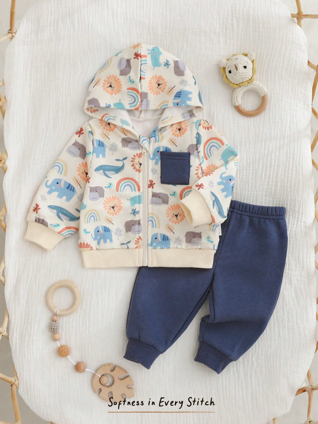 Conjunto bebé azul estampado animales con capucha