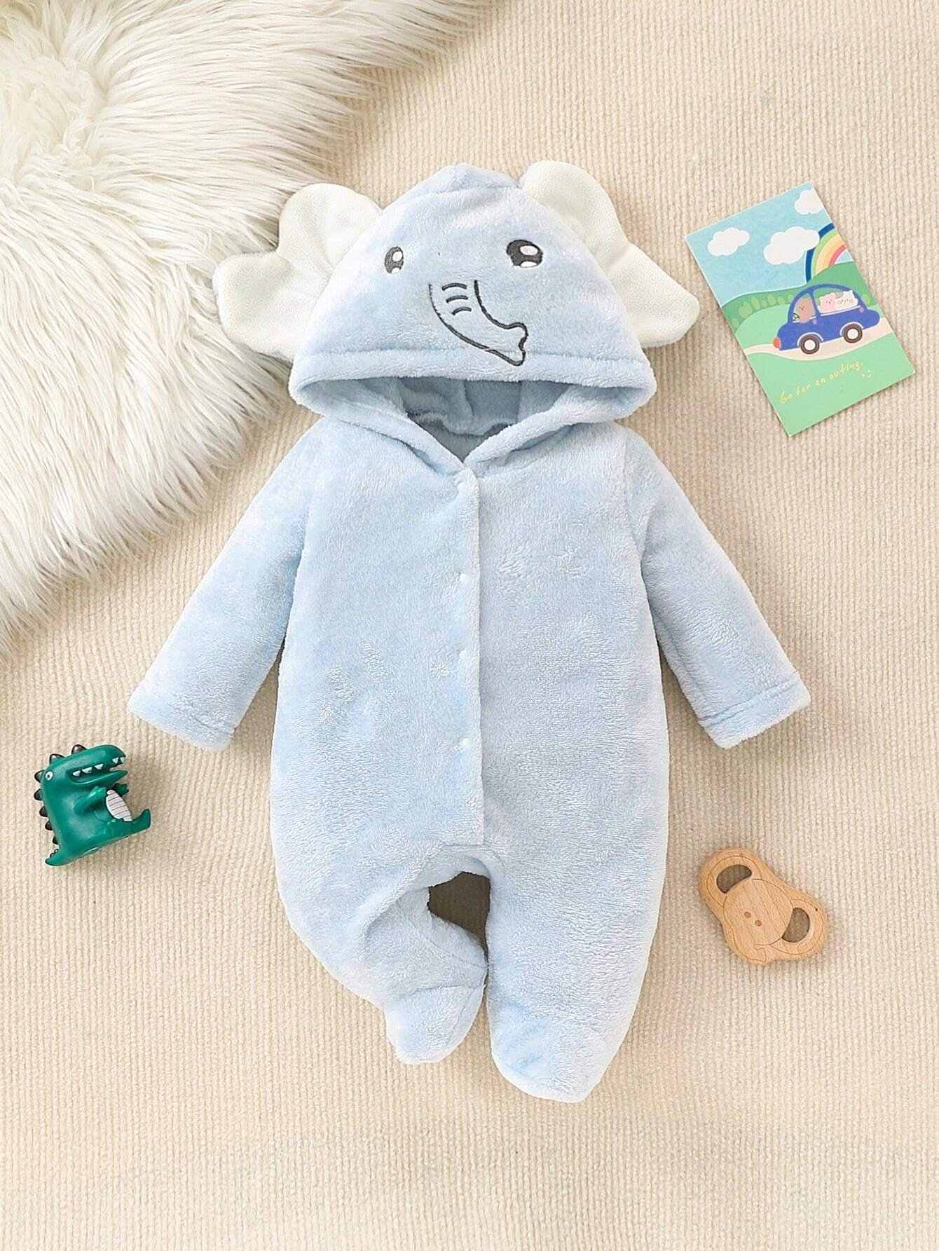 Mameluco afelpado azul claro con capucha de elefante