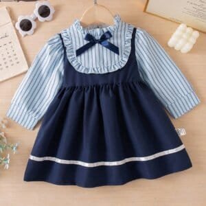 Vestido elegante azul rayas con moño