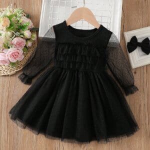 Vestido elegante negro tul manga larga