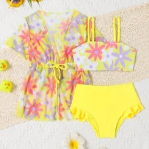 Bikini floral amarillo con salida multicolor