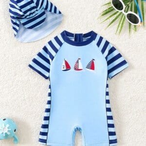 Traje de baño azul barcos rayas