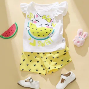 Conjunto amarillo dulce con estampado de gato