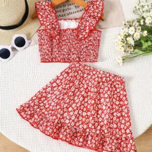 Conjunto rojo floral volantes verano