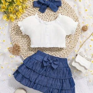 Conjunto azul y blanco con falda en capas
