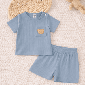 Conjunto Azul suave con bordado de oso