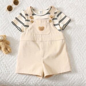 Conjunto casual albaricoque con tirantes y camiseta rayas