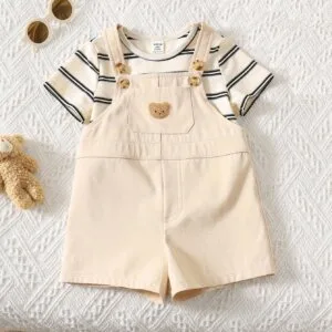 Conjunto casual albaricoque con tirantes y camiseta rayas