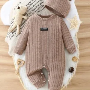 Enterizo acanalado caqui de manga larga suave